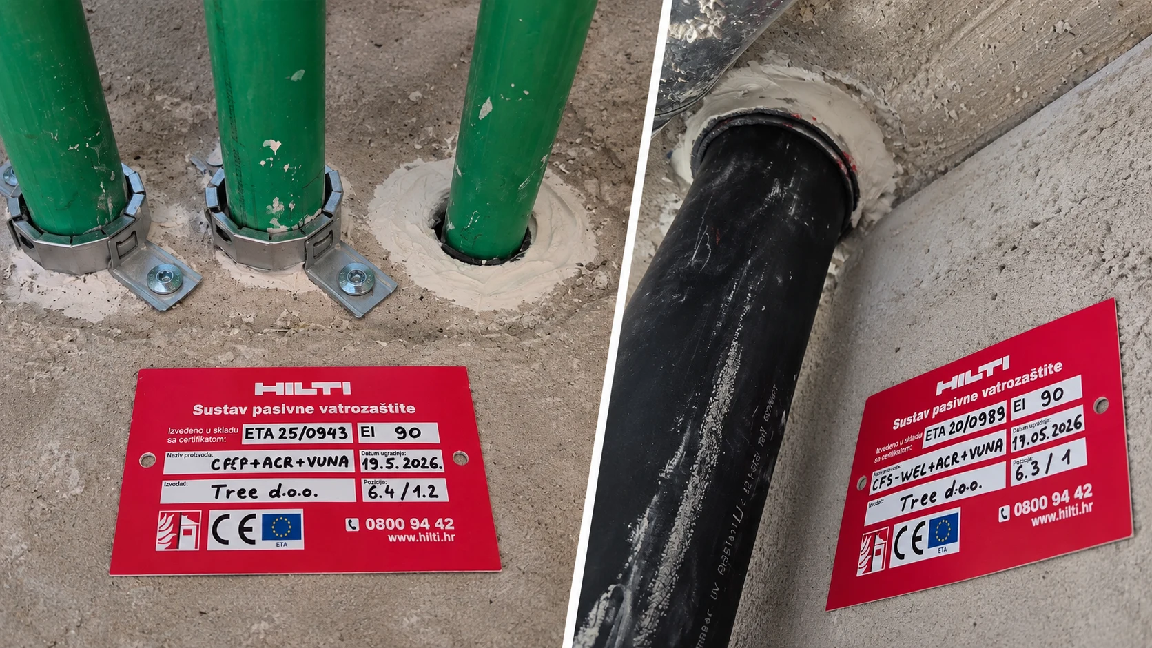 Protupožarno brtvljenje prodora crne cijevi s Hilti oznakom sustava